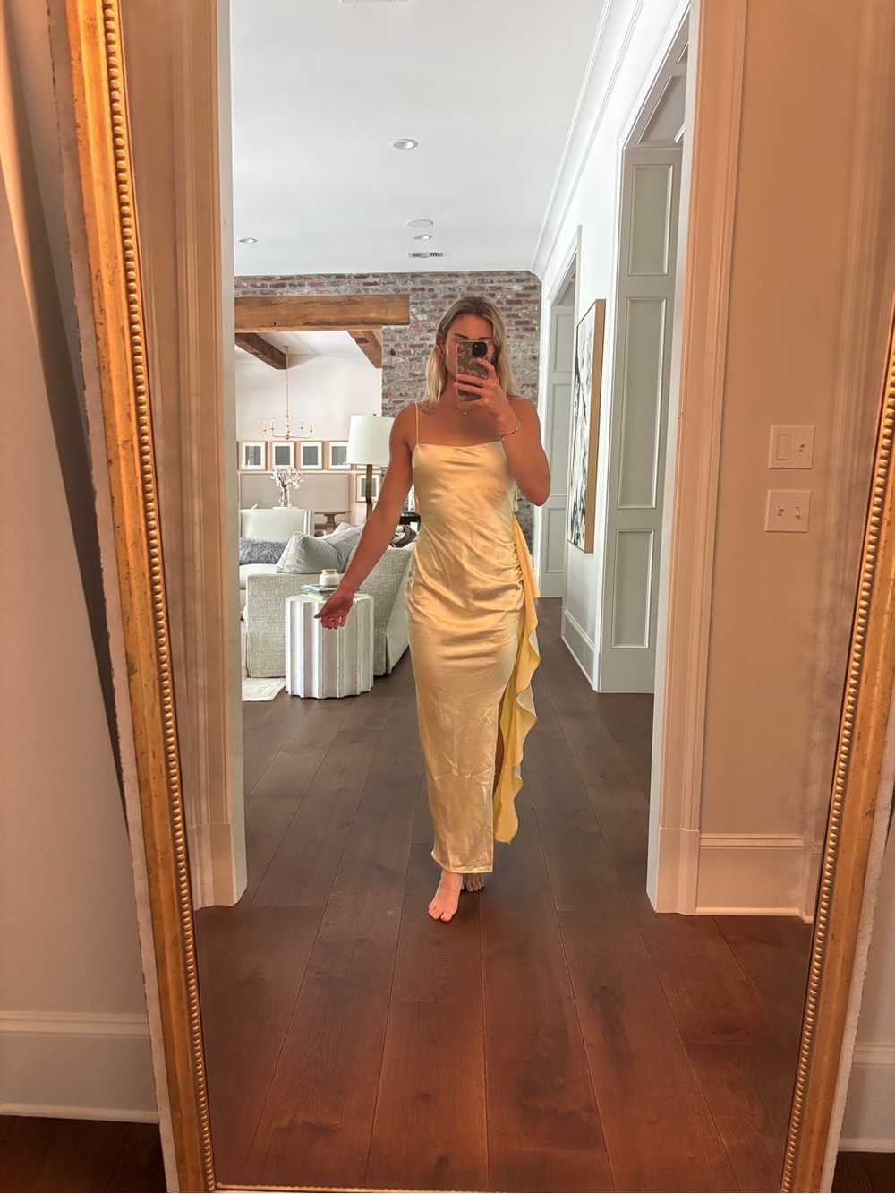 Backless Yellow Satin Slip Dress with Side Ruffle and Slit